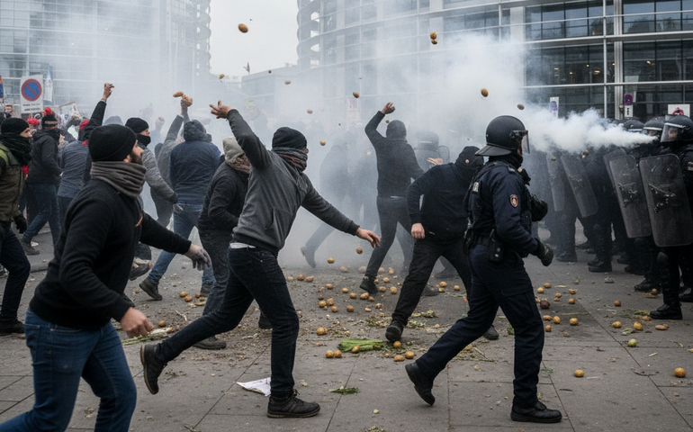 Protesto de agricultores em frente ao Parlamento Europeu termina em confronto