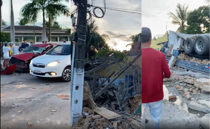 Imagens registradas por moradores mostram os dois veículos destruídos e as casas desabadas