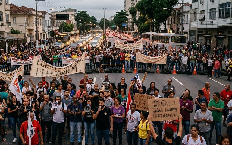 Protesto de servidores fecha dois sentidos da Rua Pinheiro Machado em Laranjeiras