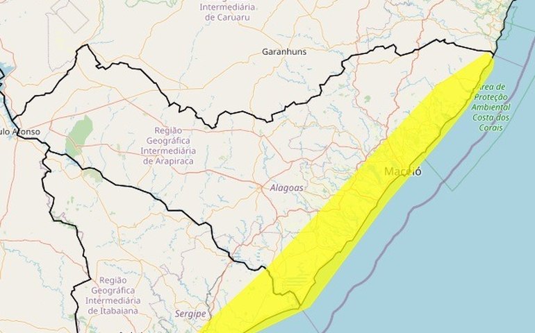 Inmet alerta para chuvas em 29 cidades alagoanas neste sábado