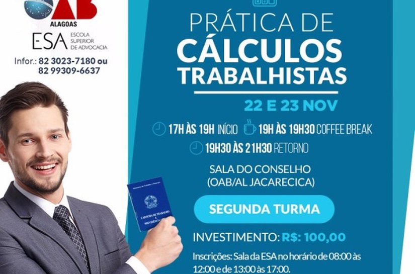 OAB/AL oferece nova turma para curso de Prática de Cálculos Trabalhistas
