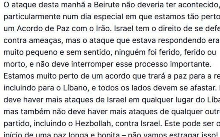 Trump pede fim dos ataques entre Israel e Líbano