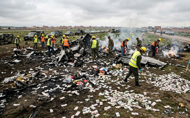 Notas de dinheiro se espalham após queda de avião militar na Bolívia