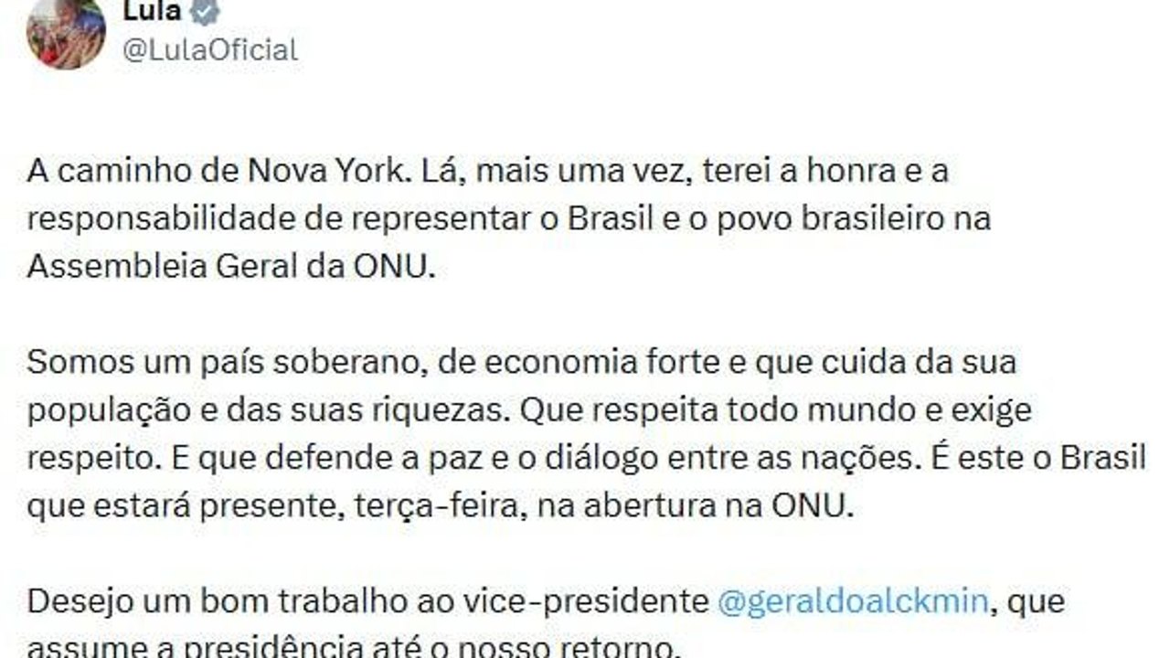 Lula reafirma defesa da soberania brasileira antes de participar da Assembleia Geral da ONU