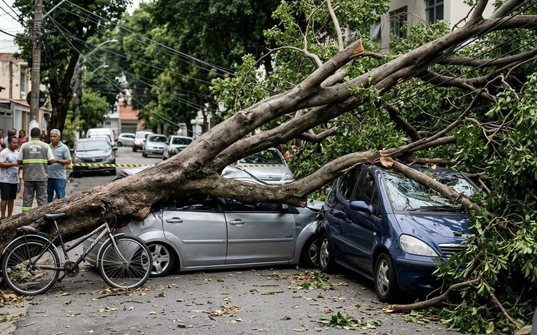Árvore desaba no Grajaú, atinge ciclista e danifica carros