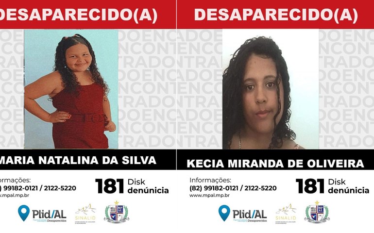 Plid tenta localizar criança de 11 anos e adolescente de 16 que podem ter sumido juntas