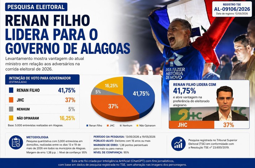 Com 41,75%, Renan Filho ultrapassa JHC em pesquisa, após início da pré-campanha