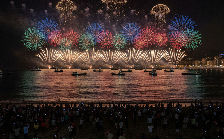 Espetáculo no céu: show de drones e queima de fogos prometem surpreender em Copacabana