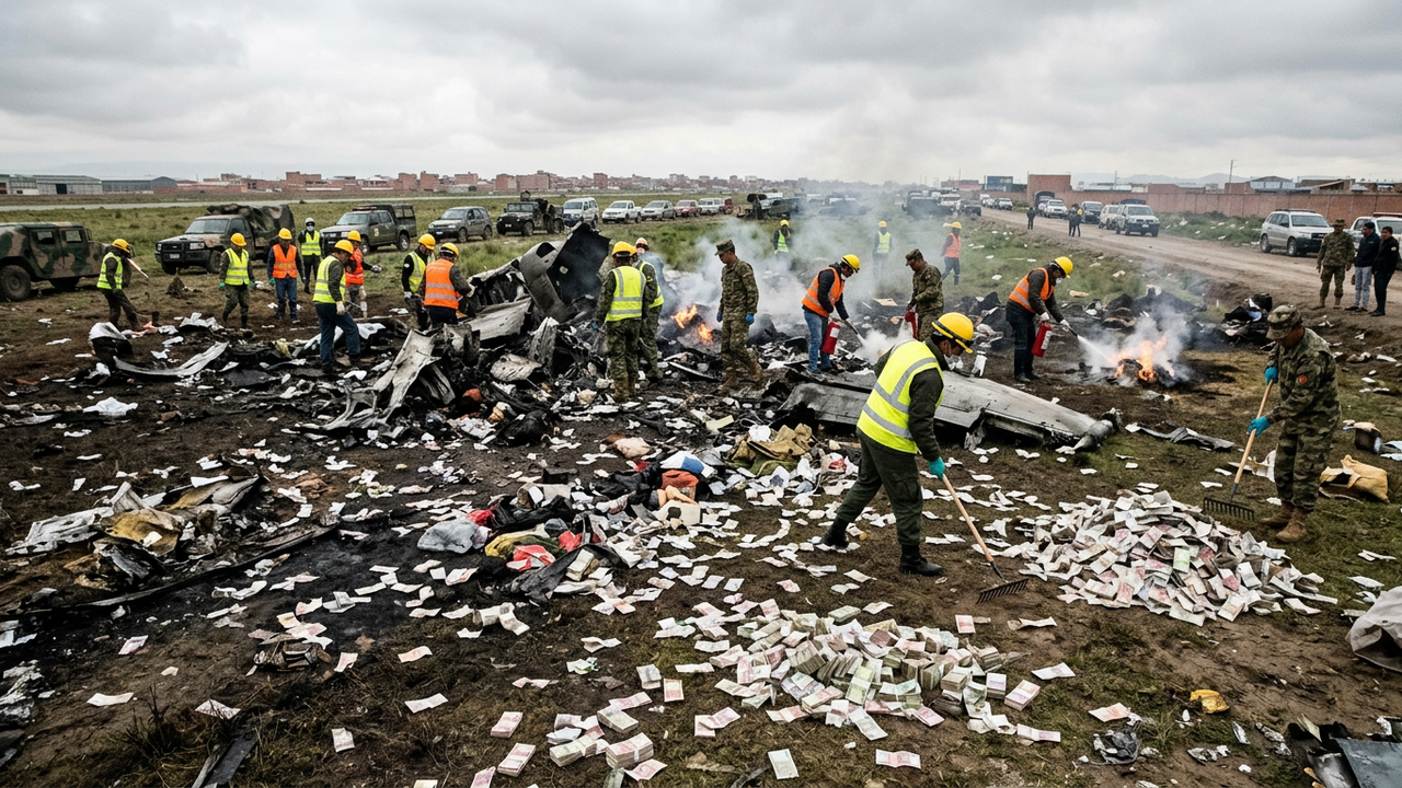 Notas de dinheiro se espalham após queda de avião militar na Bolívia