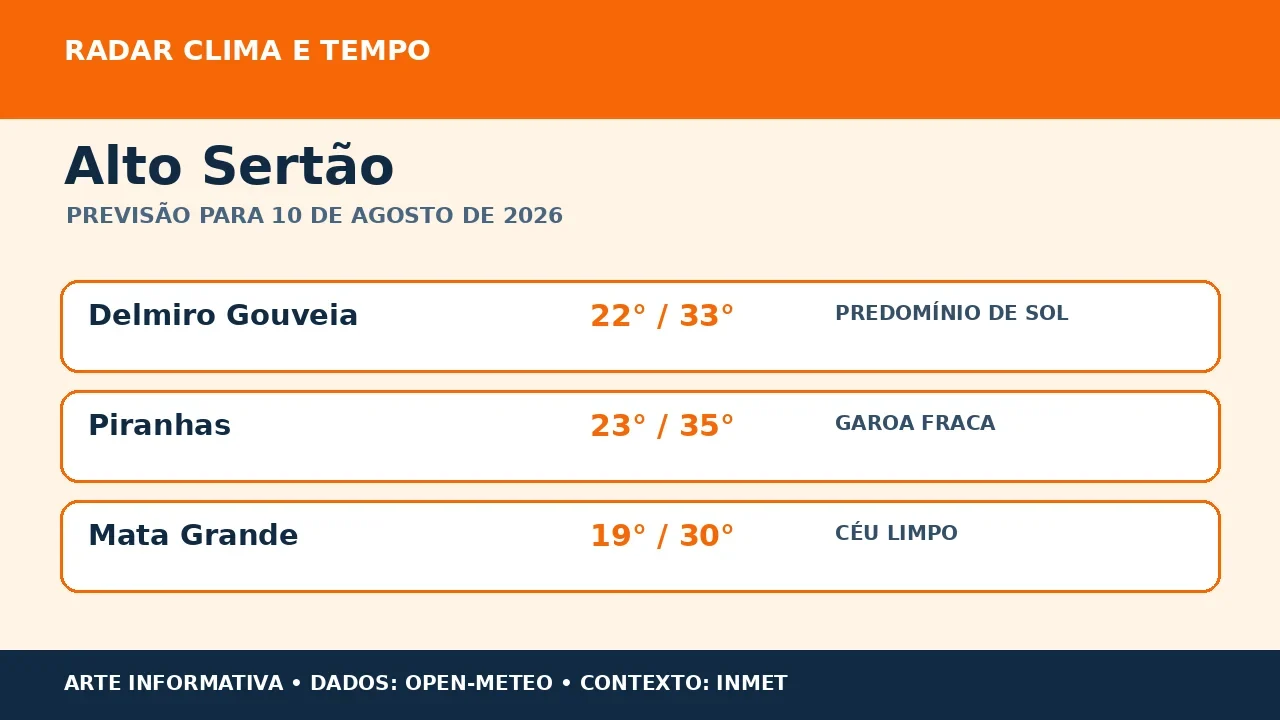 Alto Sertão terá segunda-feira de variação do tempo; máxima chega a 35 °C nos pontos consultados