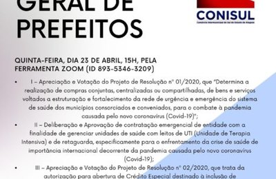 Conisul convoca prefeitos para assembleia geral, nesta quinta, pelo Zoom