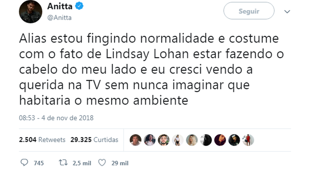 Anitta twitta sobre backstage com Lindsay Lohan