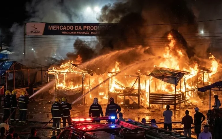 Noite de prejuízo no Mercado da Produção: incêndio destrói cerca de 50 barracas em Maceió