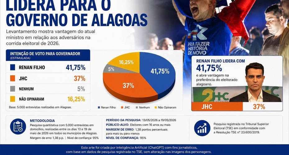 Com 41,75%, Renan Filho ultrapassa JHC em pesquisa, após início da pré-campanha