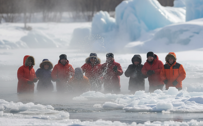 Turistas desafiam -40 °C e flutuam em rio congelante na China