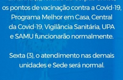 NOTA: Funcionamento dos serviços essenciais de Saúde no feriado, em Palmeira