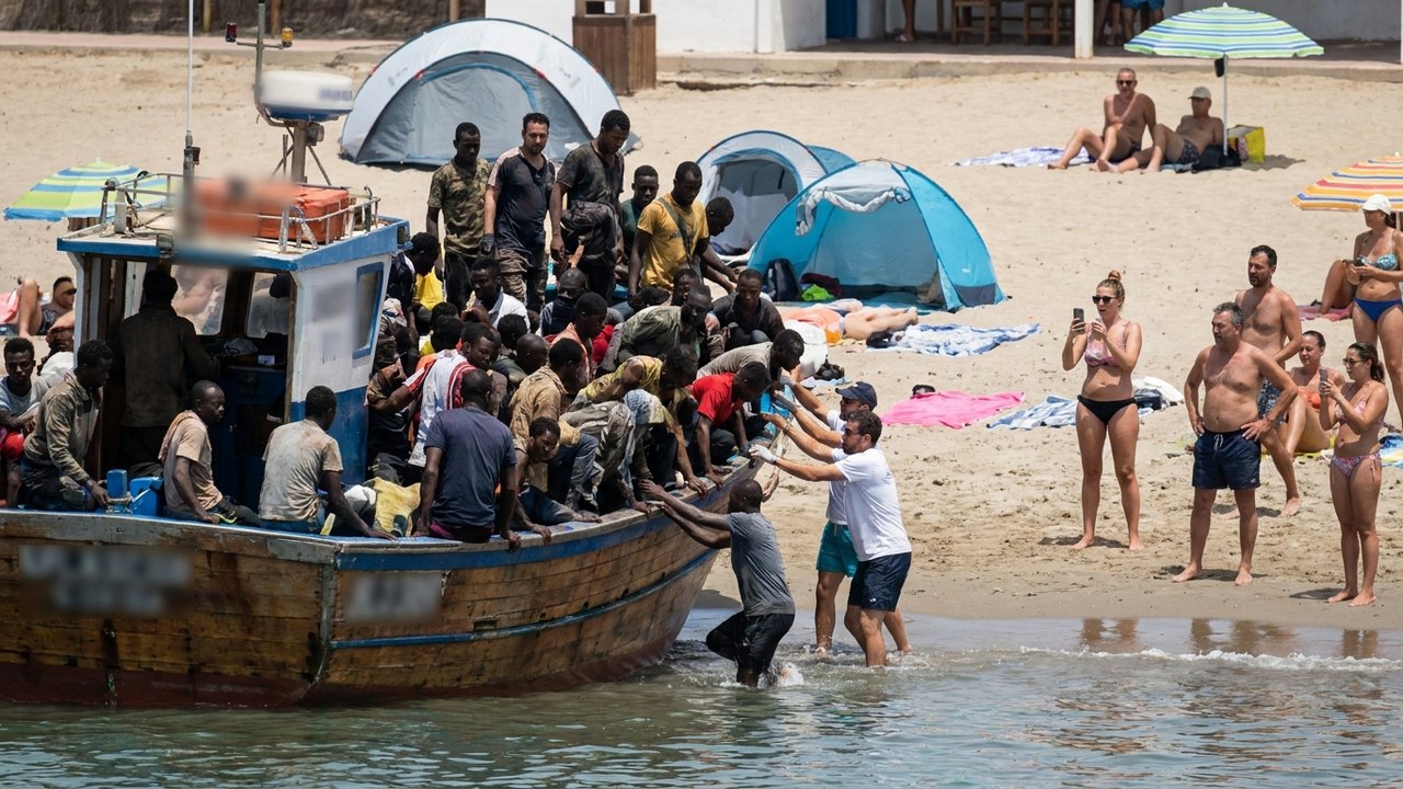 Dezenas de imigrantes chegam de barco a praia da Espanha e surpreendem banhistas