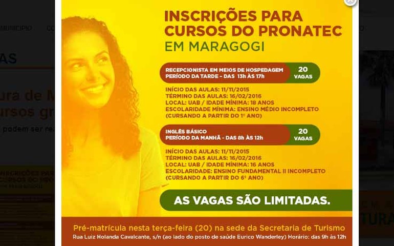 Prefeitura de Maragogi disponibiliza 40 vagas para cursos gratuitos do Pronatec