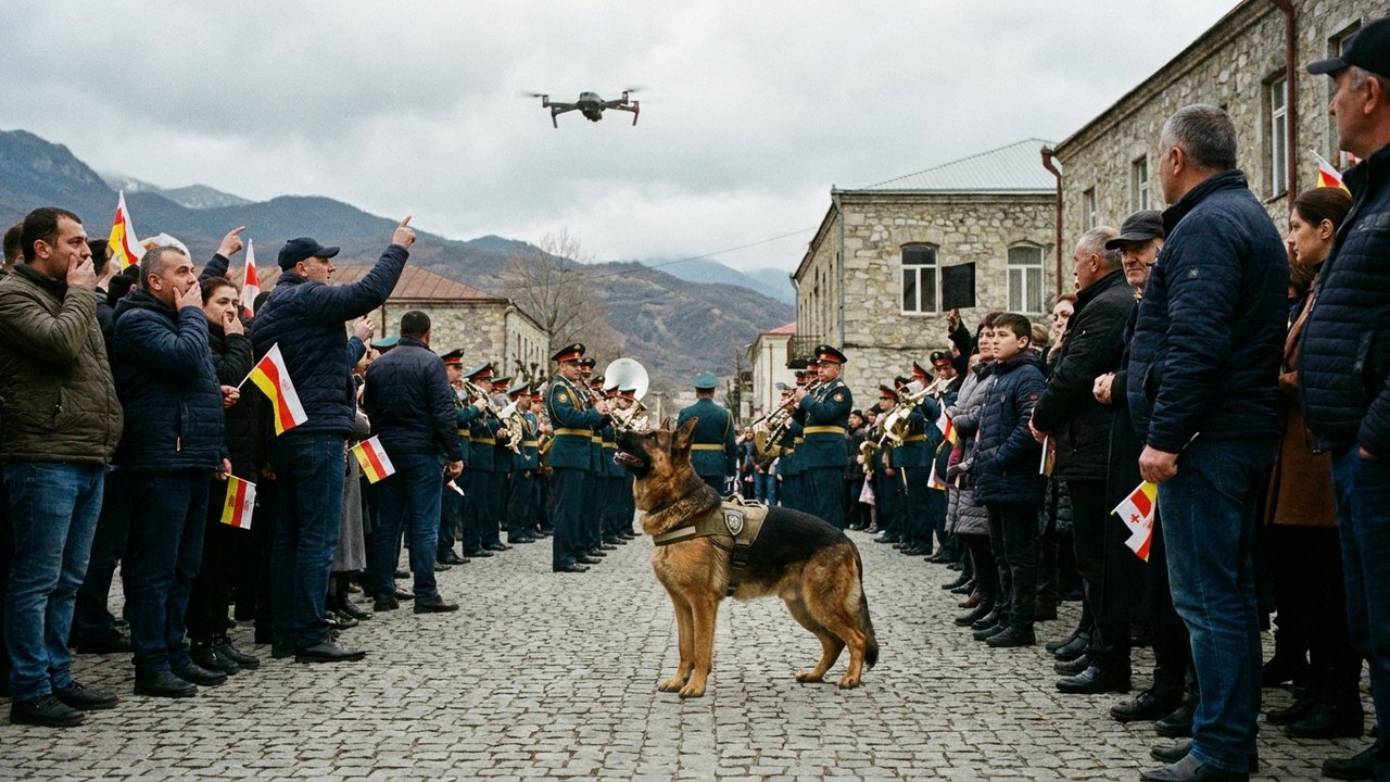 Defendendo defensores: cachorro tenta proteger integrantes de desfile contra drone de filmagem na Ossétia do Sul