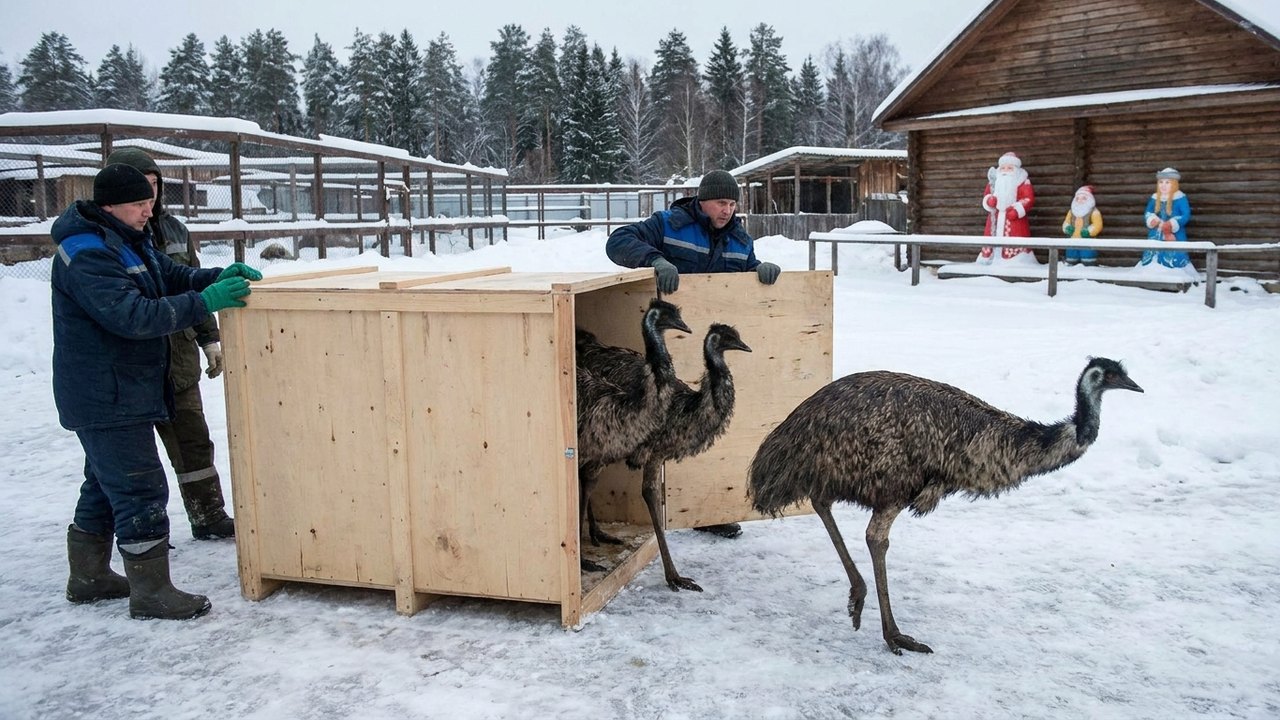 Emas australianas chegam ao zoológico do Papai Noel na Rússia