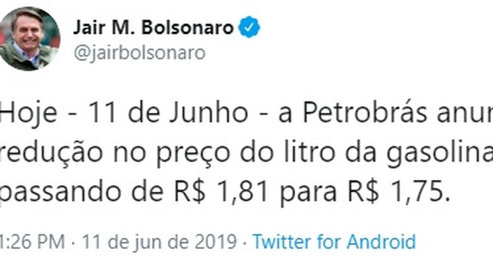 TWITTER BOLSONARO REDUÇÃO GASOLINA / Foto: PRINT TWITTER