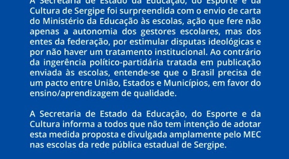NOTA DA SEDUC / Foto: SEDUC