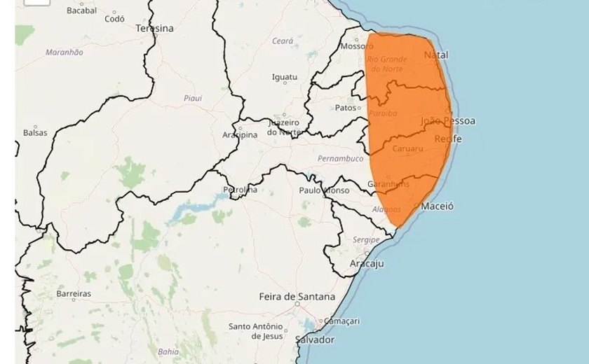 INMET alerta para vento e chuvas até a noite deste domingo em 60 cidades de Alagoas