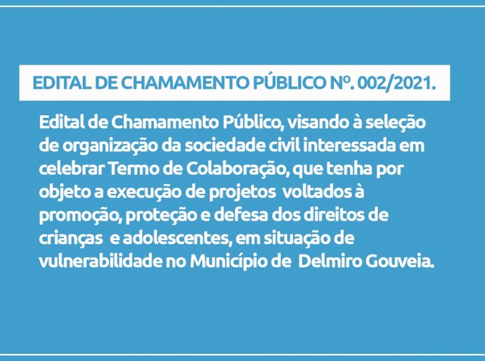 Delmiro: Edital de Chamamento Público Nº. 002/2021