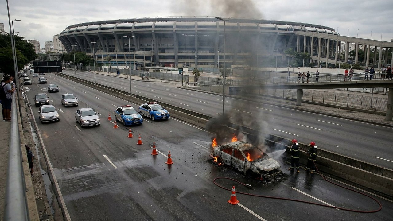 Carro pega fogo próximo ao Maracanã e interdita duas faixas da Avenida Rei Pelé