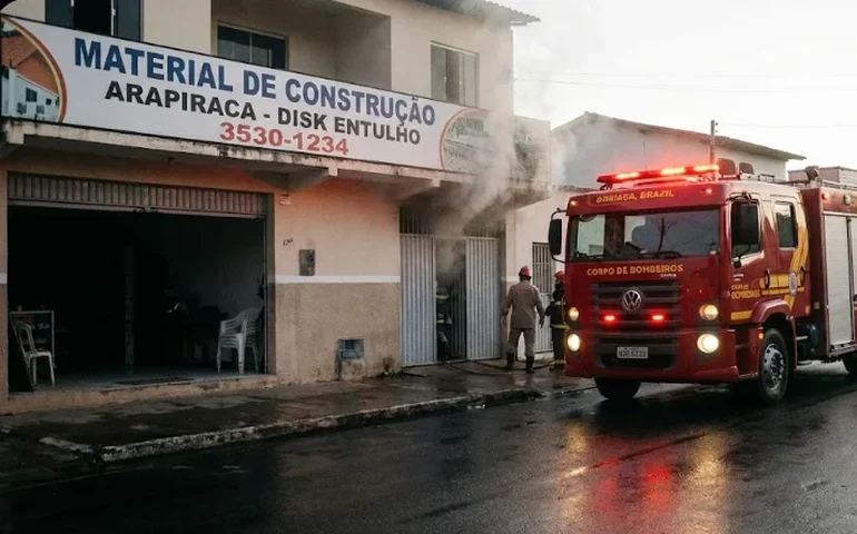 Susto na madrugada: princípio de incêndio atinge loja de construção em Arapiraca; fogo começou no quadro elétrico