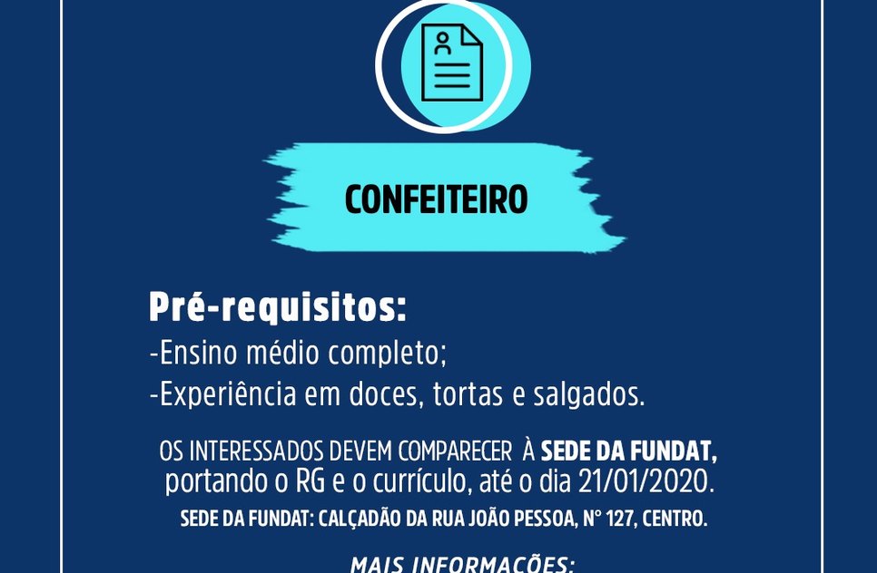 VAGA DE CONFEITEIRO / Foto: Fundat