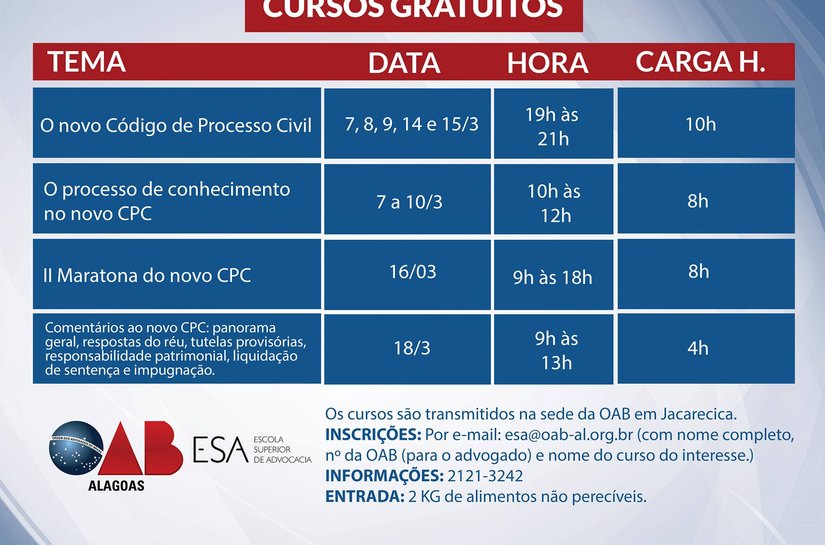 ESA divulga calendário de cursos telepresenciais com temática sobre o novo CPC