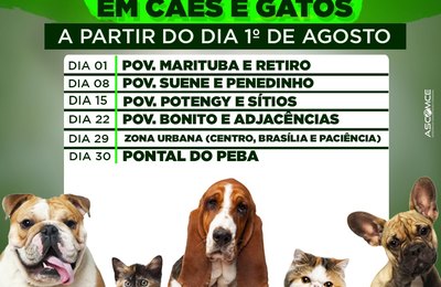 Campanha de vacinação de cães e gatos inicia neste sábado em Piaçabuçu