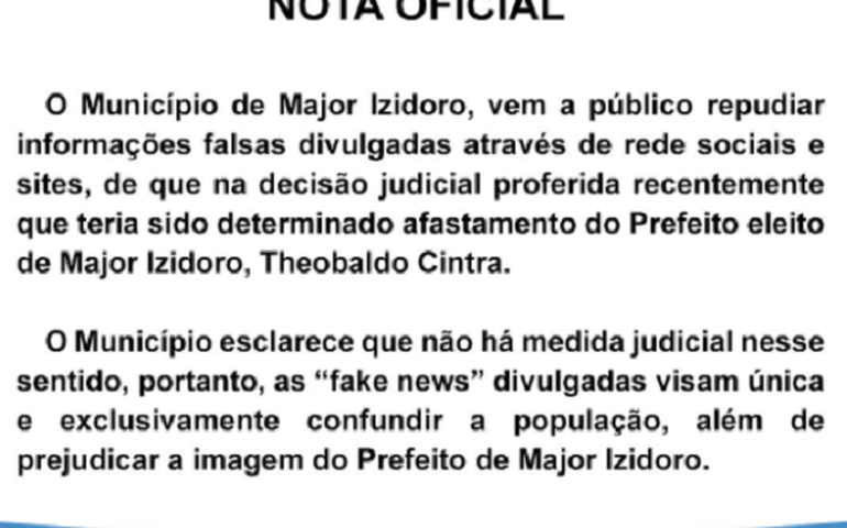 Município de Major classifica como ‘fake news’ notícias sobre afastamento do prefeito Theobaldo Cintra do cargo