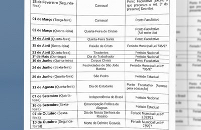 Delmiro divulga calendário de feriados e pontos facultativos para 2022