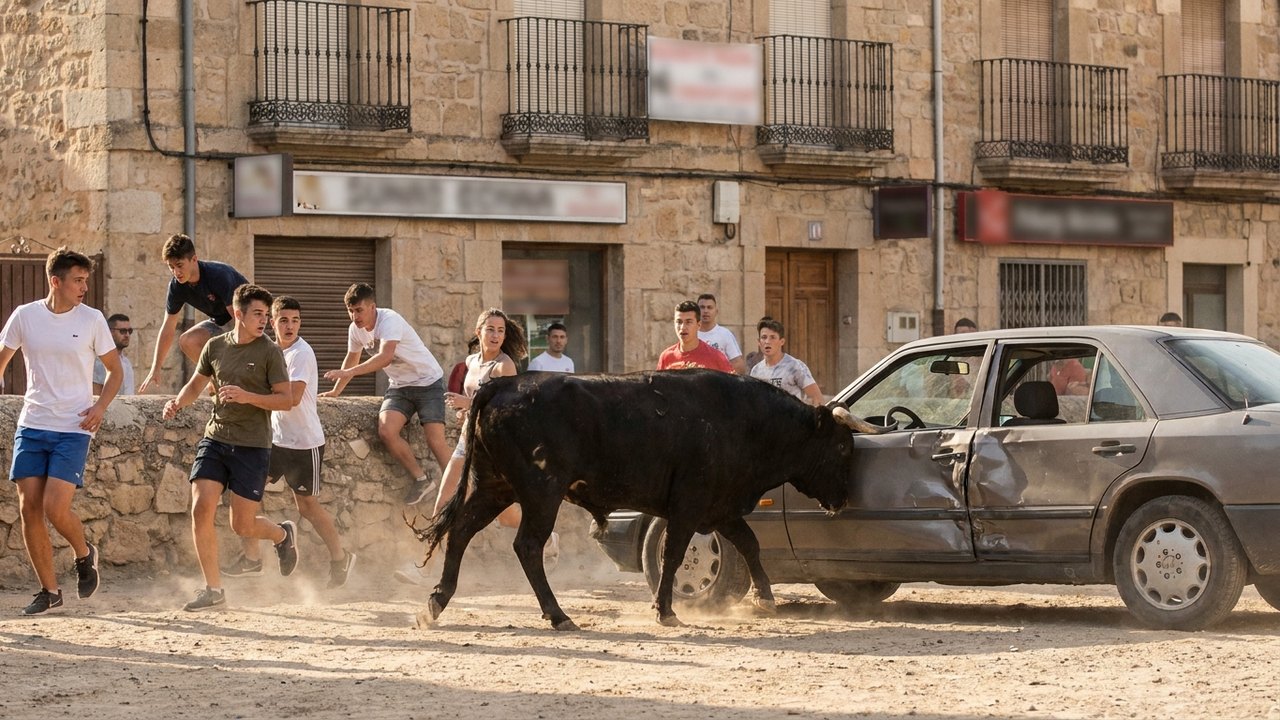 Touro avança contra carro e deixa jovens em pânico na Espanha