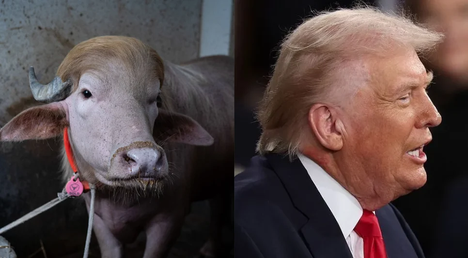Bufalo albino ao lado de Donald Trump. Fonte: Internet