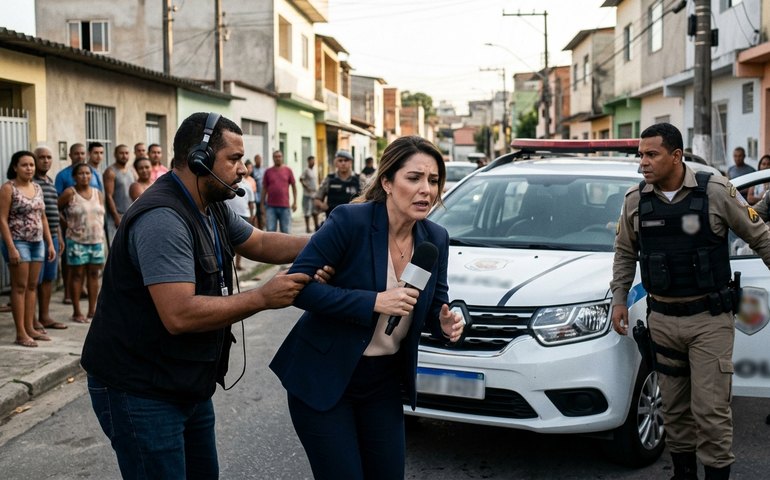 Repórter do SBT Rio é atingida por viatura da PM durante entrada ao vivo em São Gonçalo