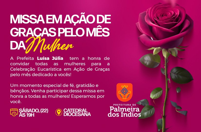 Missa em ação de graças pelo Mês da Mulher acontece neste sábado (22), em Palmeira