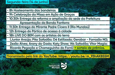Live do Bem com artistas da terra e entregas de obras, fazem parte da programação alusiva aos 61 anos de Santana do Mundaú  