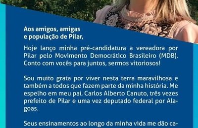 Thais Canuto anuncia sua pré-candidatura a uma vaga na Câmara de Pilar 