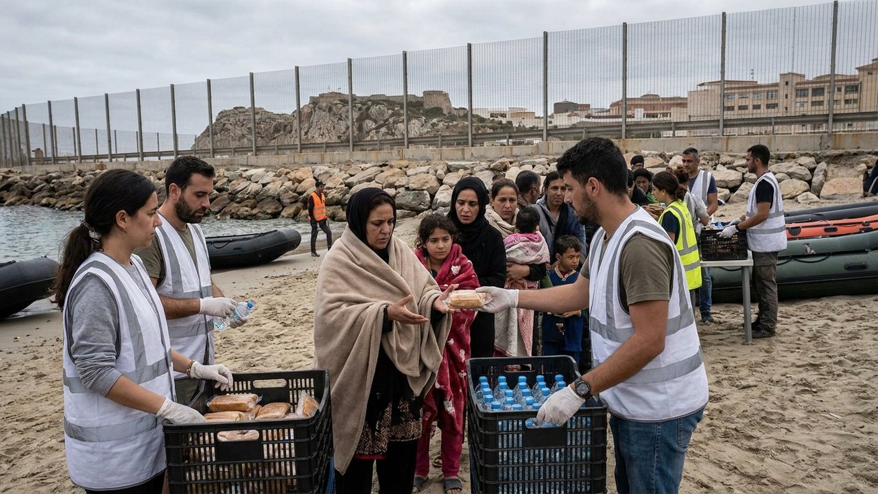 Voluntários distribuem alimentos a imigrantes em praia de Ceuta