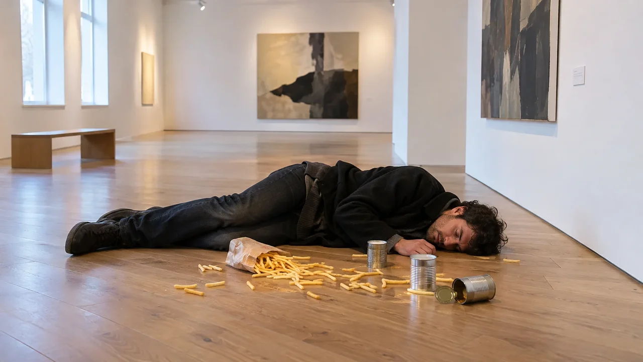 Homem deitado no chão vira atração inusitada em galeria de arte britânica