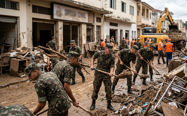Dezenas de militares do Exército permanecem em Ubá para ajudar na limpeza
