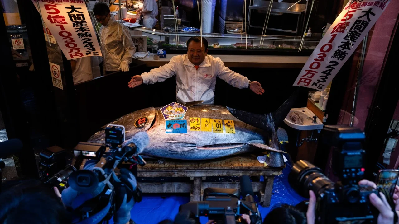 Atum-rabilho é vendido por um valor recorde de US$ 3,2 milhões no leilão de abertura do ano no mercado de peixes de Tóquio
