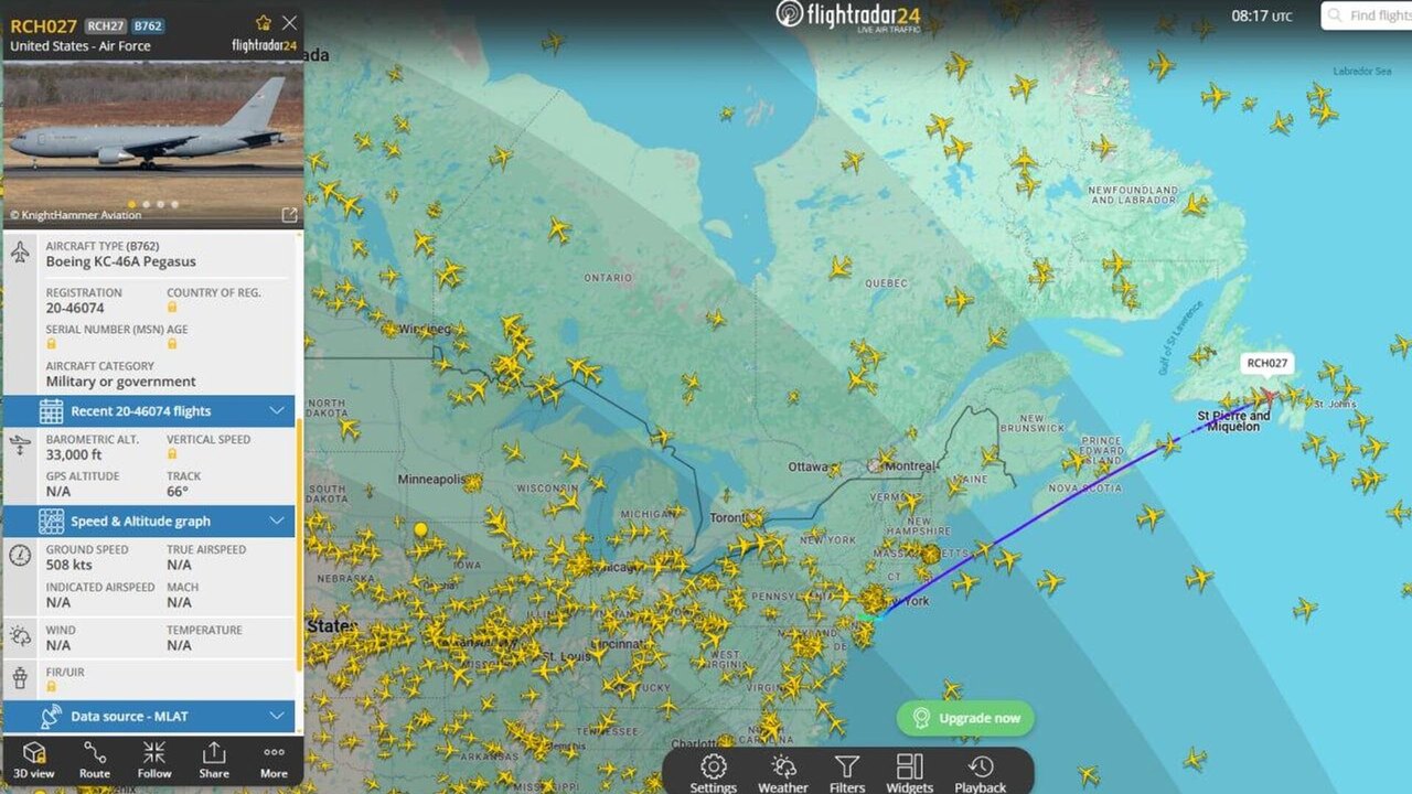 Número de aviões de reabastecimento dos EUA se dirige ao Atlântico Norte e a ilhas britânicas