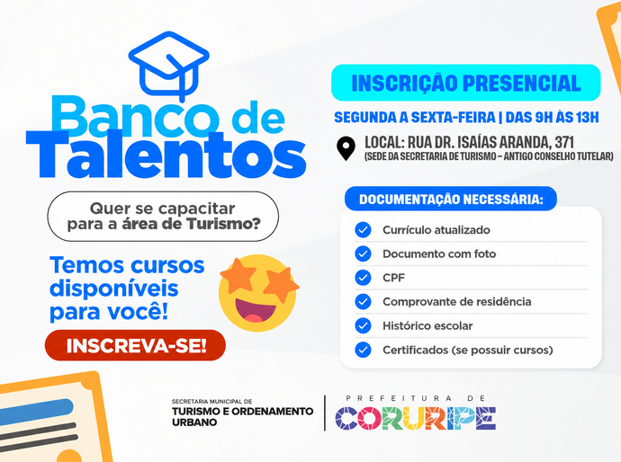 Prefeitura de Coruripe abre inscrições para Banco de Talentos voltado ao setor de Turismo