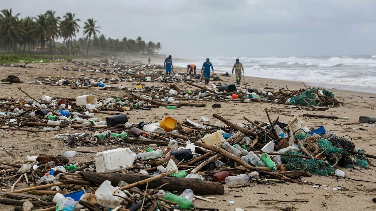 Furacão Simon arrasta toneladas de lixo para as praias do México