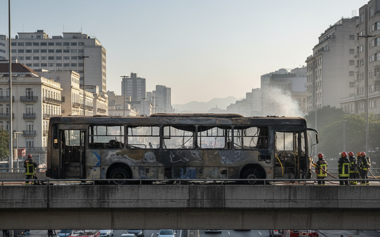 Ônibus pega fogo e interdita viaduto no centro do Rio de Janeiro