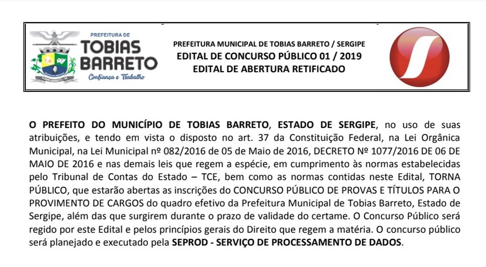 PREFEITURA DE TOBIAS BARRETO EDITAL CONCURSO PÚBLICO
